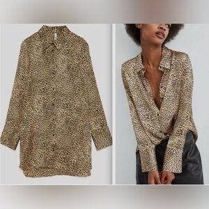 ZARA TRF Satin Leopard Print oversized Button Down Shirt Size Medium